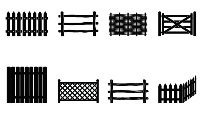 Different types of fences shown in black silhouette against a white background