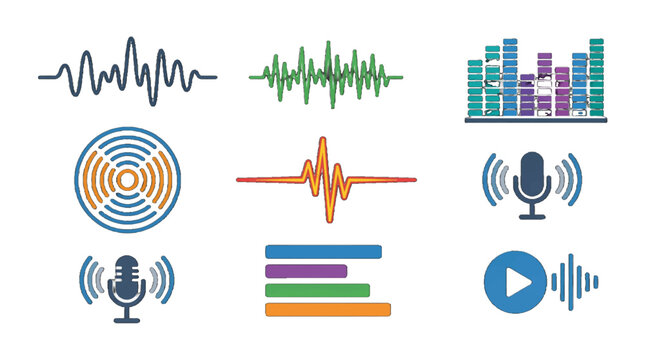 Sound and audio visual elements showing waveforms, speakers, and charts in a colorful digital design format commonly used in media