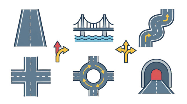 Symbols of roadways and transportation include highways, bridges, tunnels, and intersections that guide travel and navigation on the journey