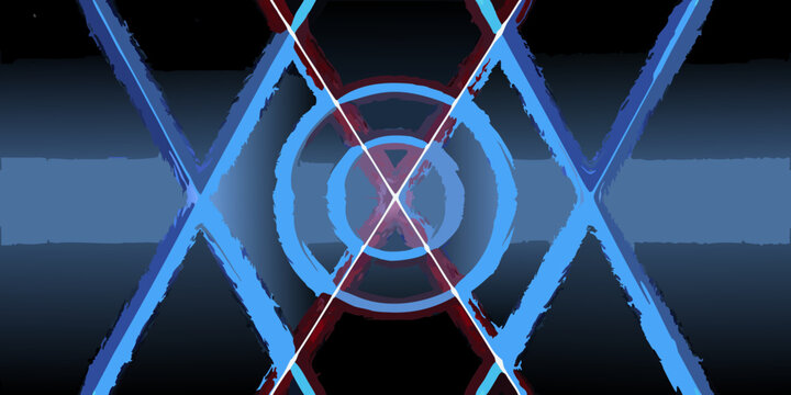 Abstract composition of intersecting blue and red lines and circles