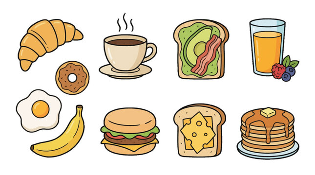 Breakfast foods with croissant, coffee, eggs, and pancakes arranged on a white background at morning time