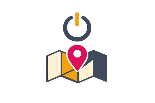 Map logo with location pin and power symbol for modern navigation tools and location services