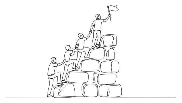 Teamwork and collaboration concept with people helping each other to reach the top. Continuous line style. Hand drawn. Line art. Vector design. illustration