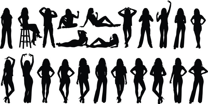 Human silhouettes, standing poses, sitting figures, reclining positions, gesture illustration, posture study, body movement, design reference, artistic concept, vector silhouettes