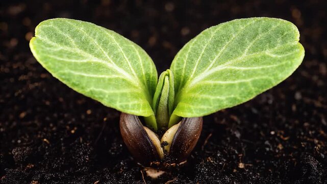 Macro time-lapse of a young seedling growing from a seed in fertile soil