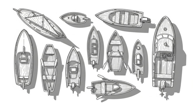 Collection of vintage boats viewed from above in a graphic illustration style.