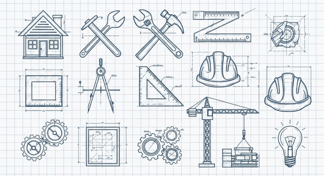 Construction and Engineering Tools and Blueprints Collection.