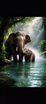 gajah mandi bersama anak nya di sungai