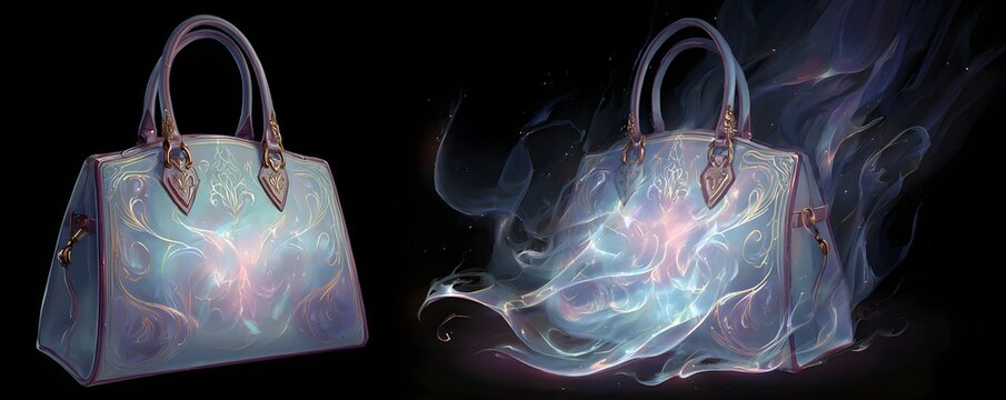 A handbag materializing from swirling arcane mist, dreamlike fantasy style