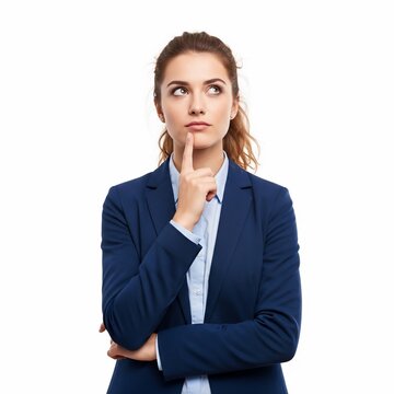 Businesswoman thinking with finger on face.