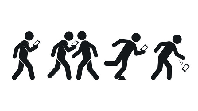 A series of stick figures demonstrates the stages of phone dependence and distraction silhouette