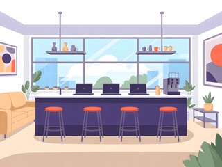 Fototapeta premium modern home bar counter with stools and cityscape view at dusk