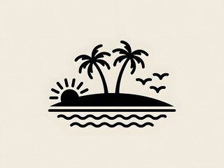 Obraz premium minimalist tropical island sunset with palm trees and flying birds
