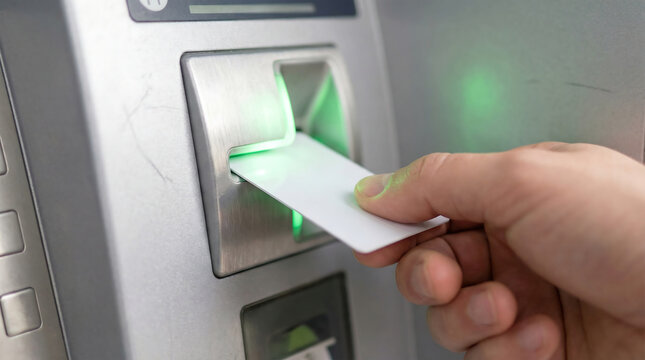 Hand inserting white credit card into ATM machine for cash withdrawal and banking transaction