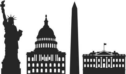 Famous American landmark silhouettes, black icons of Statue of Liberty, Capitol, Washington Monument and White House © Al
