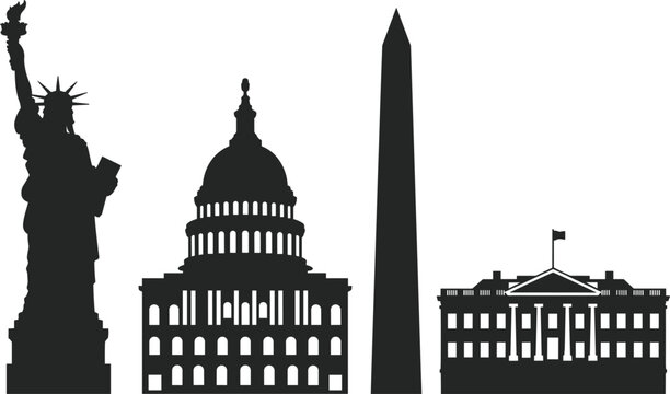 Famous American landmark silhouettes, black icons of Statue of Liberty, Capitol, Washington Monument and White House