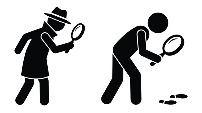 Two detectives investigate footprints with magnifying glasses a striking black silhouette