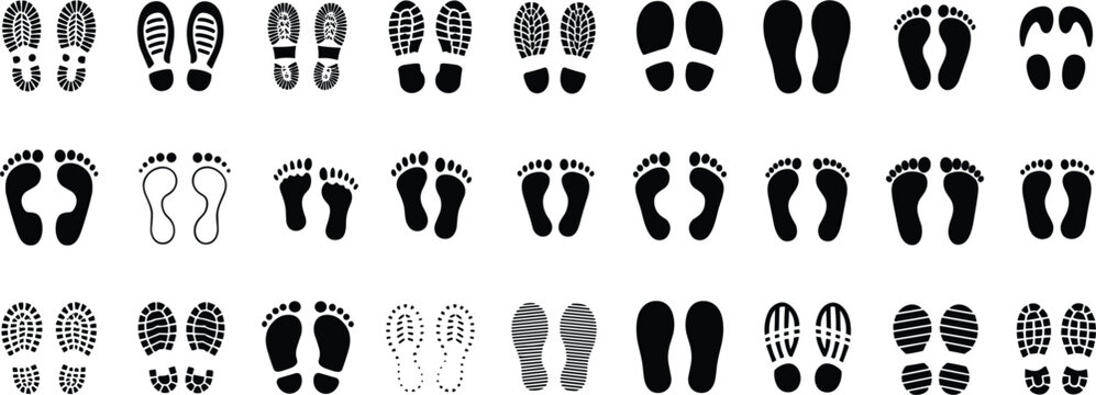 Footprint and shoe print silhouette collection set, human feet and boot tracks isolated vector illustration