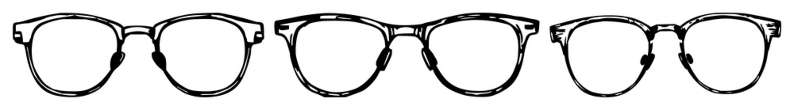 Spectacles set with rough sketchy art design featuring vintage pince-nez, white background, line art, historical accessories with illustration and vector