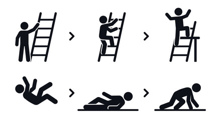 A progression of figures climbing and falling from ladders depicted as a silhouette © Aklima