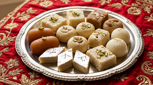 Assortment of traditional Indian sweets served on a decorative platter