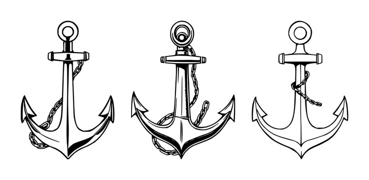 Anchor set with hand-inked line art design featuring anchor, chain, maritime iconography with silhouette style and minimalist detailing