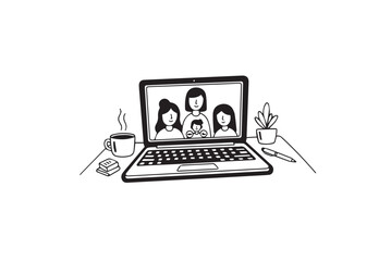 Fototapeta premium Family Video Call on Laptop Screen Connecting Parents and Children – Online Communication Illustration for Remote Work, Social Media, and Digital Lifestyle Content