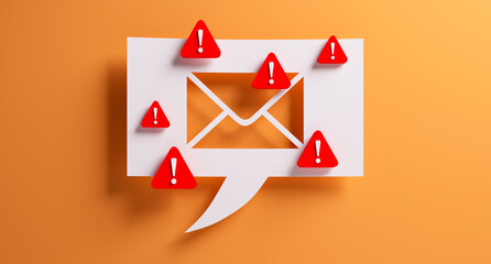 White speech bubble with mail warning notification symbol in front of a yellow colored wall - 3D illustration