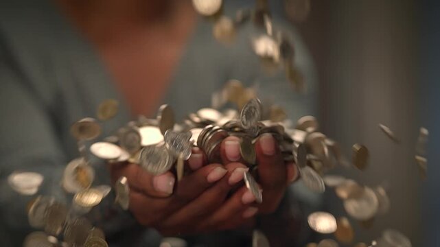 hand holding coin savings in slow motion. Money cash coins concept background