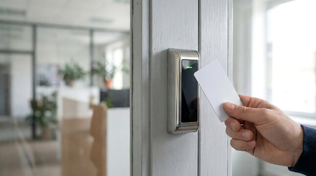 Hand holding blank keycard for office access system and electronic security identification
