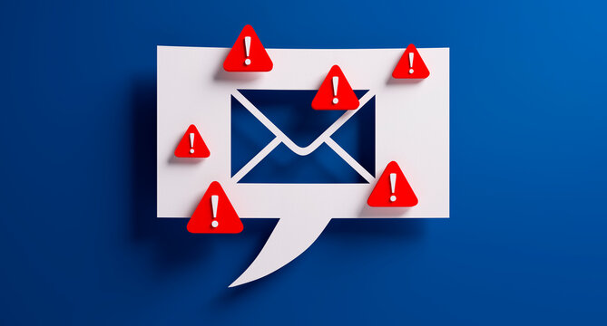 White speech bubble with mail  warning notification symbol in front of a blue colored wall - 3D illustration