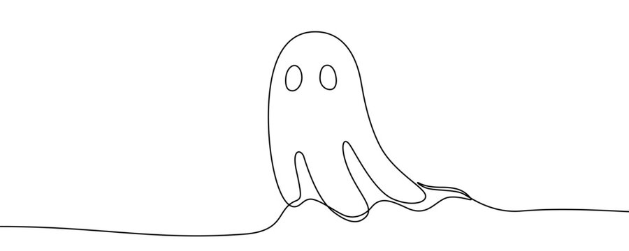 Illustration of a cute ghost silhouette, made in one continuous line. Minimalist spooky character drawing with a black stroke on a white background, vector illustration.