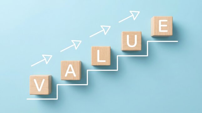 Wooden blocks spelling "VALUE" are arranged like ascending stairs with upward arrows, symbolizing increasing business value, growth, quality, and continuous improvement over time.