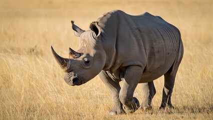 Obraz premium Black rhinoceros in African savanna, endangered species concept