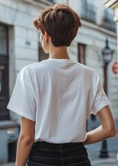 Fototapeta premium White oversized T-shirt hair t-shirt street.