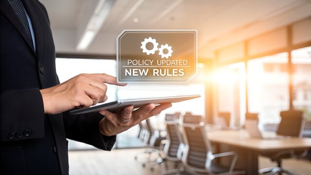 Business professional holding tablet with policy updated notification, Corporate compliance, new rules implementation, governance management, regulatory change, and digital documentation process.