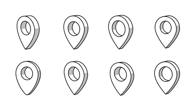 Set of eight isometric location pin icons in grey and white provides a useful resource for mapping and navigation.