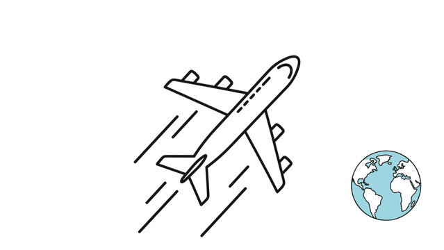 Commercial airplane flying upwards with motion lines is shown next to a small blue and white globe icon.