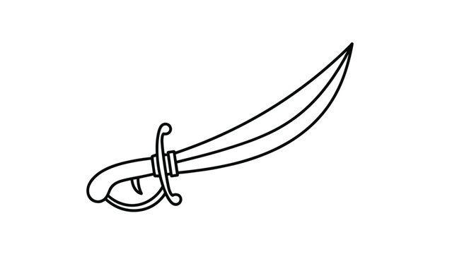 Simple black outline drawing of a curved scimitar sword illustrates a traditional bladed weapon on white background.