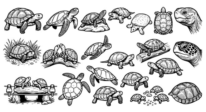 Large collection of turtle and tortoise vector illustrations in vintage sketch style featuring various species sea turtles land tortoises and hatchlings for nature design projects.