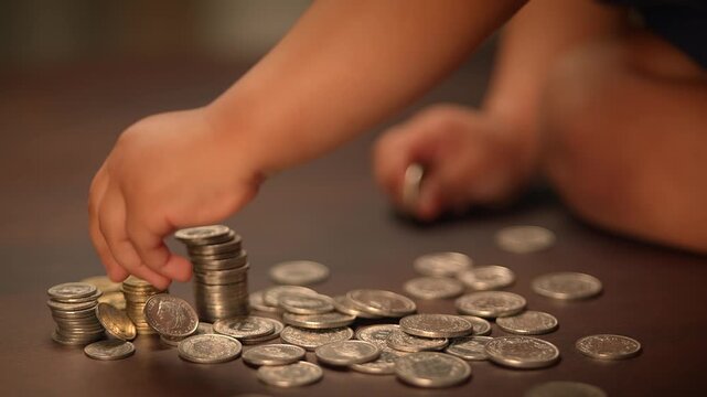 hand holding coin savings in slow motion. Money cash coins concept background