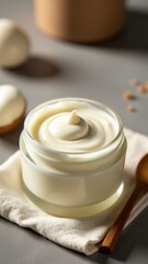 Obraz premium A jar of creamy topping sits on a soft white napkin, ready for use