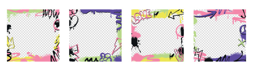 Obraz premium Abstract urban graffiti border set. Square frames with spray paint stickers, street art design elements, inky drips, splashes. Vector set of hand drawn hip hop covers, posters with transparent layouts