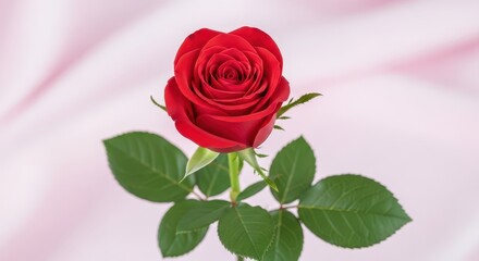 Fototapeta premium Single vibrant red rose bud with glossy green leaves on soft pink background flower bloom