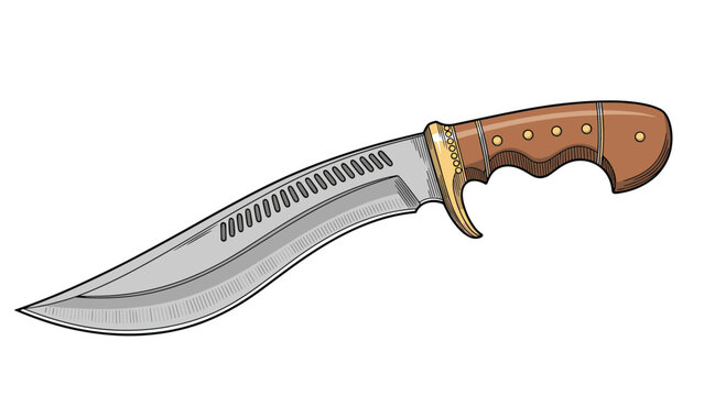 Hand drawn illustration of a traditional curved kukri knife with a wooden handle and decorative metal blade on a plain white background.