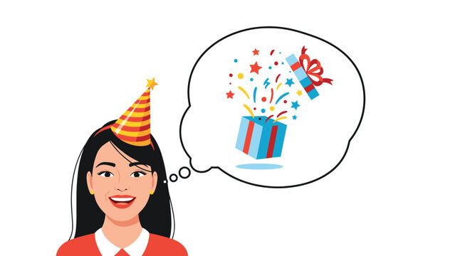 Smiling woman wearing a striped party hat thinking about a blue gift box opening with colorful stars and confetti in a speech bubble.