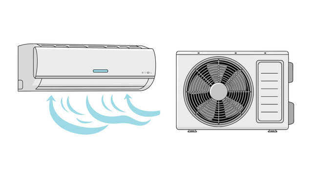 Technical illustration of a split system air conditioner including the indoor unit and outdoor compressor unit for cooling systems.
