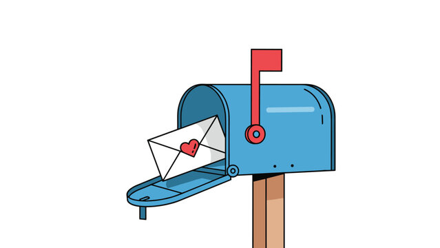 Cheerful blue mailbox on a wooden post containing a white envelope with a small red heart on the back side for a love letter delivery.