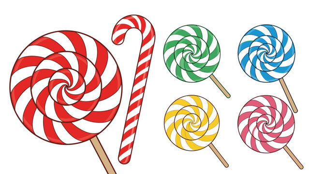 Assortment of sweet treats featuring various colorful swirl lollipops and a classic red and white candy cane on a plain white background.