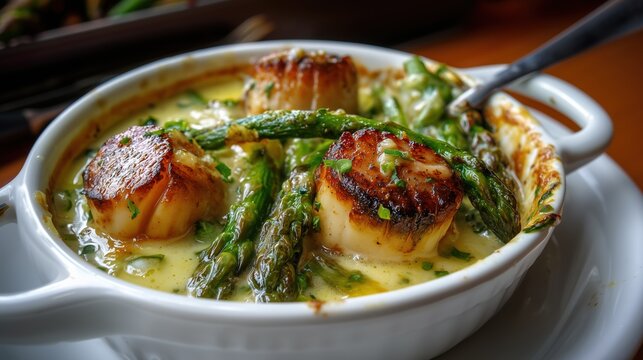 D&eacute;licieuses noix de Saint-Jacques dor&eacute;es avec asperges dans une sauce